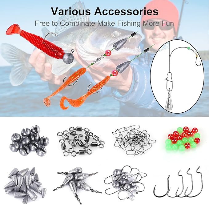 TOPFORT 187/343pcs Fishing Accessories Kit, Organized Fishing Tackle Box with Tackle Included, Fishing Hooks, Fishing Weights Sinkers, Fishing Gear and Equipment, Fishing Gift for Men
