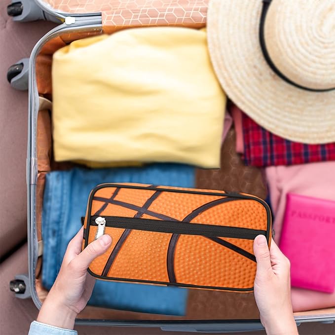Basketball Texture Ball Portable Travel Toiletry Bag, Sport Dopp Kit Cosmetic Organizer Makeup Bag Shower Shaving Bag for Men Women