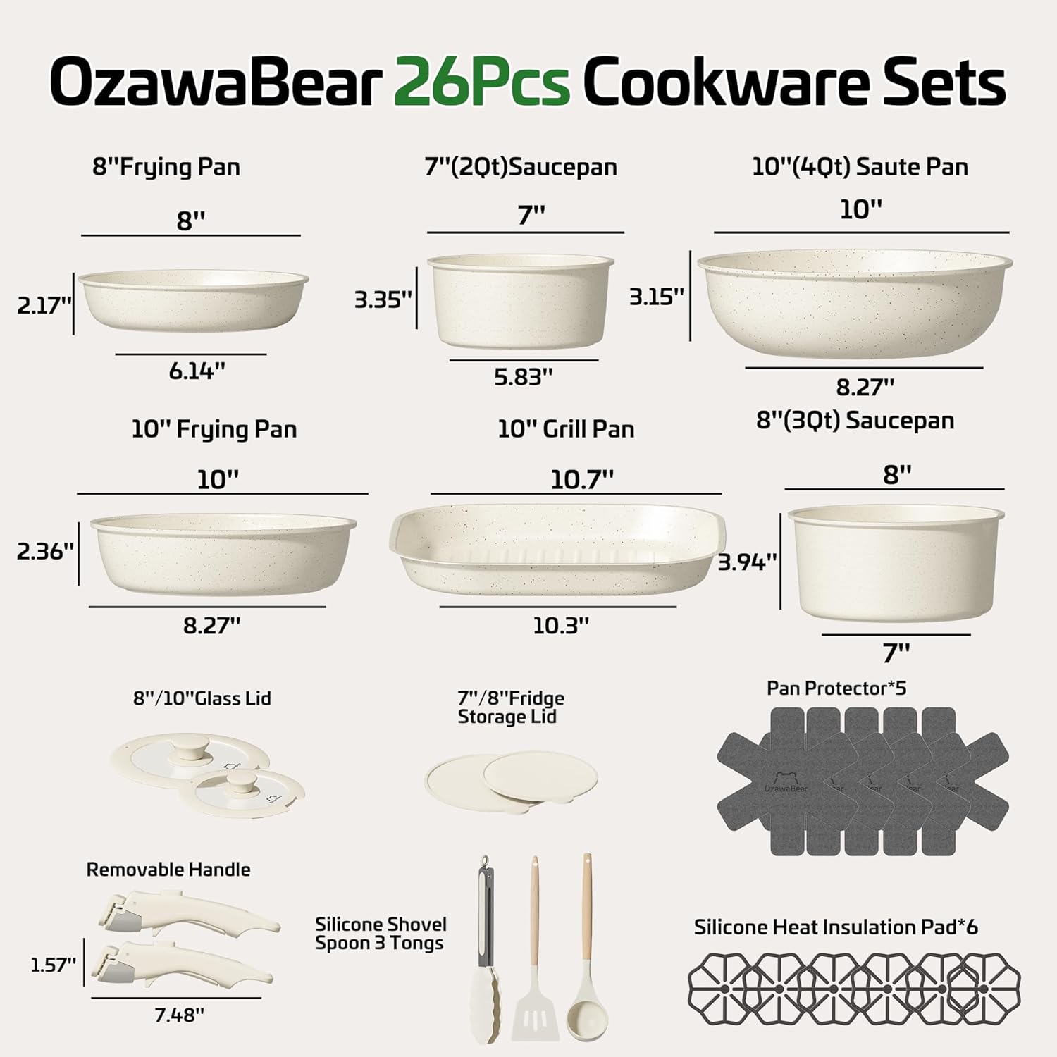 26 Pcs Pots and Pans Set Non Stick, Ceramic Cookware Set Non Toxic with Detachable Handles, Healthy Induction Cookware Dishwasher Oven Safe RV Kitchen Set, PFAS PFOA & PTFE Free, Cream White
