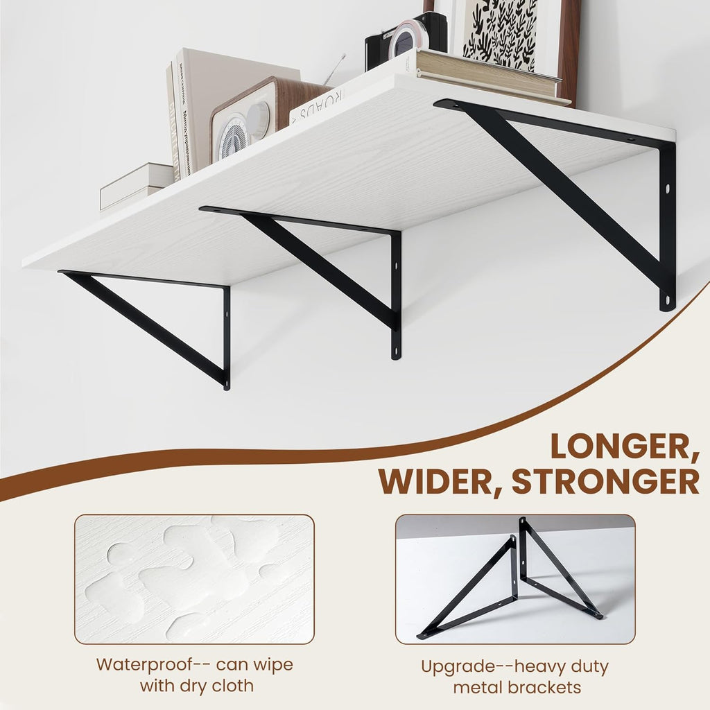 Heimlove White Deep Floating Shelves for Wall, 36W x 12D Wood Wall Shelves Set of 2, Wide Floating Bookshelf for Living Room, Kitchen, Office, Bedroom and Decor Storage, with Black Bracket - White
