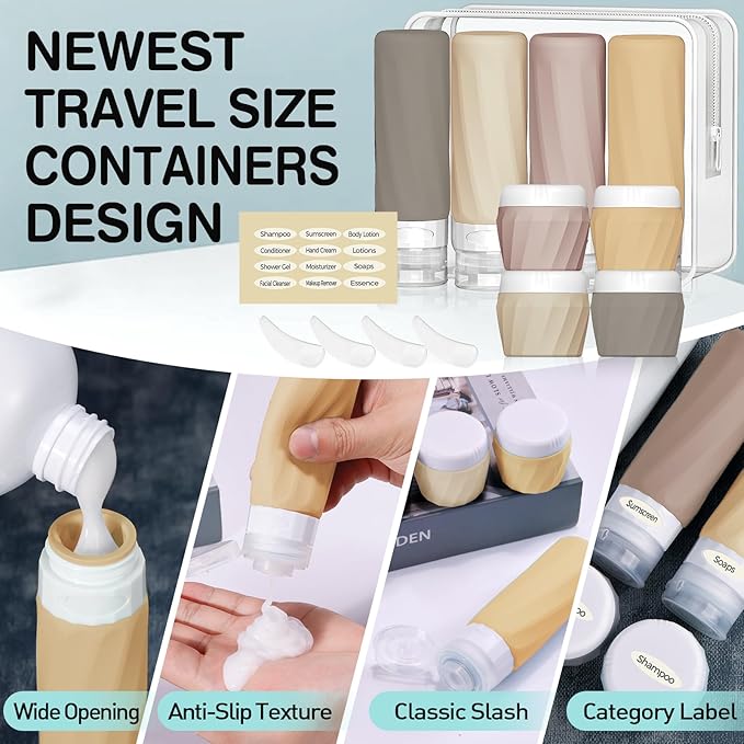 14pack Travel Bottles for Toiletries, TSA Approved Travel Size Toiletries Containers Set, Premium Silicone Leak Proof Refillable Squeezable & Creams jars Accessories Kit W/Clear Bag (Apricot)