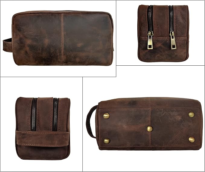 RUSTIC TOWN Full Grain Leather Travel Toiletry Bag - Dopp Kit Organizer (Dark Brown)