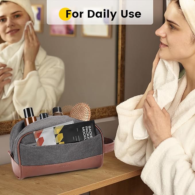 Vorspack Travel Toiletry Bag - Canvas Toiletry Bag for Men Water Resistant Skincare Bag Dopp Kit for Bathroom Toiletries Accessories Gifts - Grey