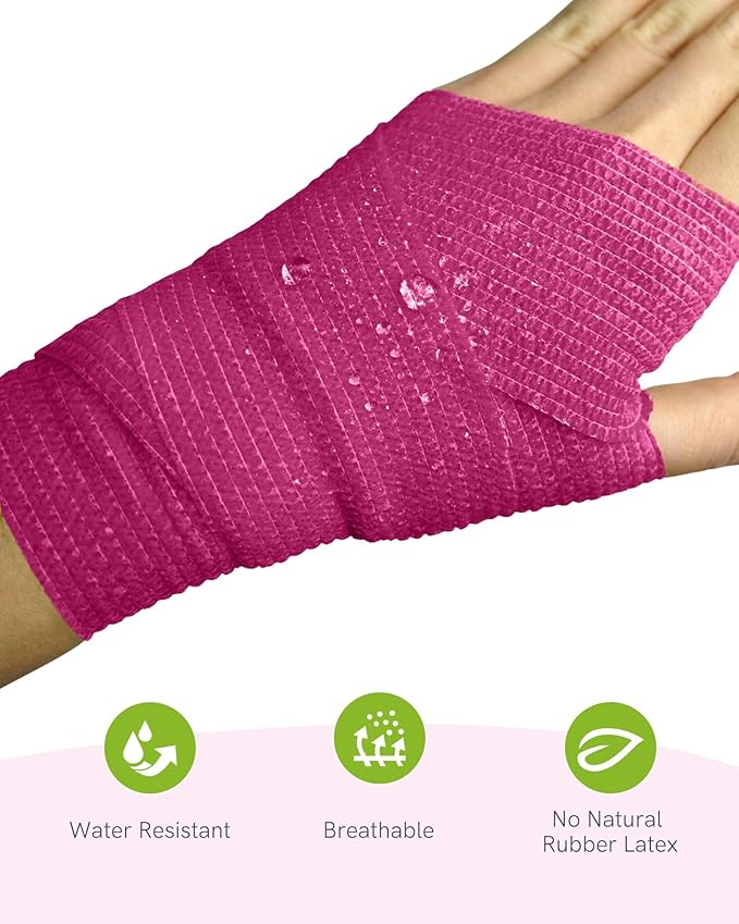 FriCARE Self Adhesive Bandage Wrap, Medical Tape in First Aid Kit, Cohesive Bandages for Wounds Sport Vet, FSA/HSA Eligible, 2 Inches X 5 Yards 6 Rolls, Magenta