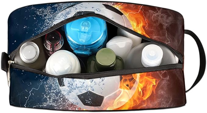 Fire Soccer Ball Portable Travel Toiletry Bag, Ice Fire Football Dopp Kit Cosmetic Organizer Makeup Bag Shower Shaving Bag for Men Women
