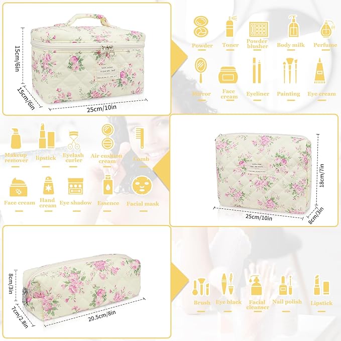 Makeup Bag Set, Quilted Makeup Bag, Large Floral Cosmetic Bag for Women, Cute Cotton Makeup Bags, Flower Travel Toiletry Organizer Bag (Pink Floer)