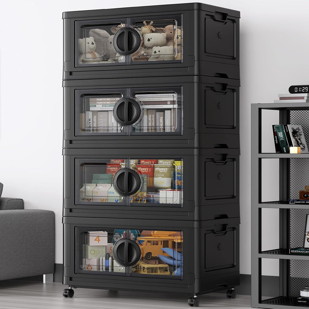 480Qt Lockable Stackable Storage Bins with Lids, Closet Organizers and Storage Drawer, Collapsible Storage Bin with Wheels, Plastic Cabinet for Toy Clothes Dorm Organizer, V9 4 Pack Black