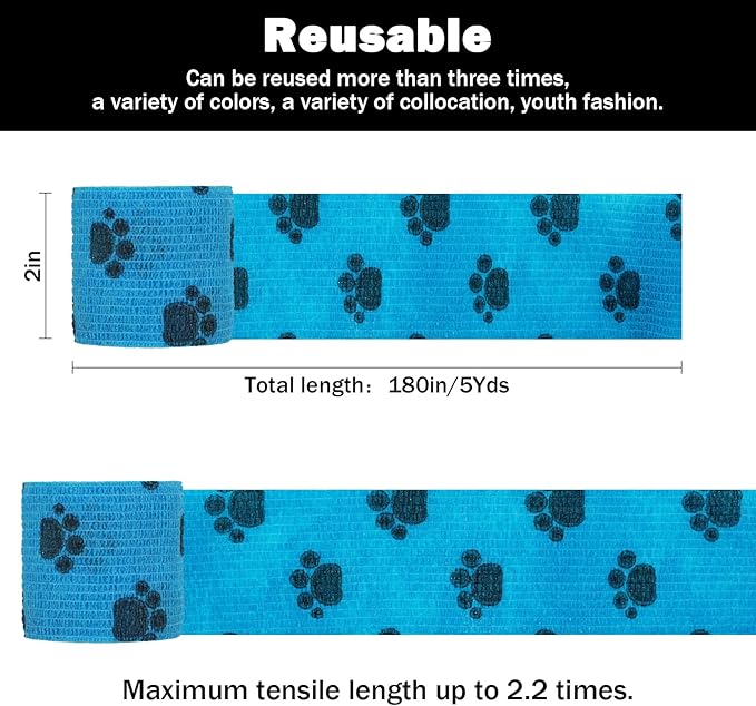 Bandages First Aid Tape Cohesive Bandage First Aid Bandages Cohesive Wrap Adhesive Bandage Self Adherent Cohesive Wrap Bandages Colorful Bandages (Blue Footprint, 2-Inch)