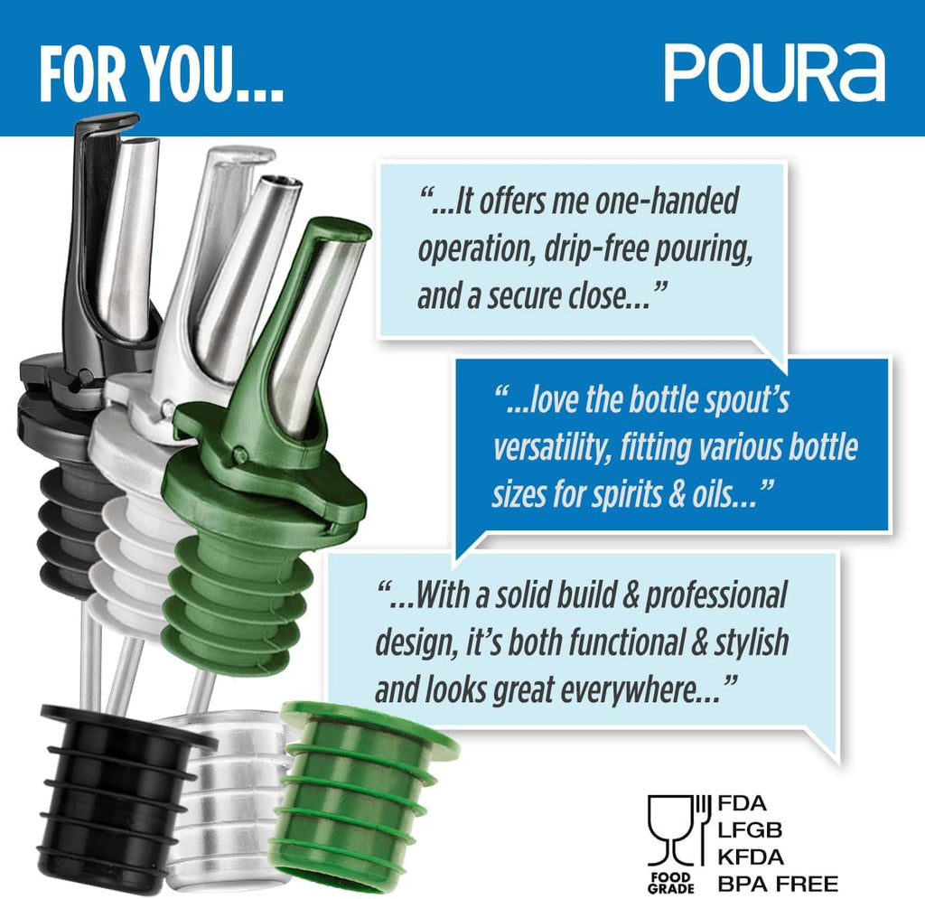 3-in-1 Liquor Pour Spout | Olive Oil Spout with Built-in Caps for Optimal Fly and Dust Protection - Dishwasher Safe, Hygienic Alcohol Speed Spouts - Black 2 PCs with 2 Adapters for Large Neck Bottles