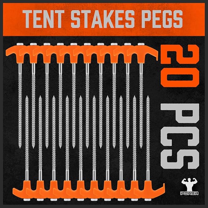 HORUSDY 26 Pack 8.07 Inch Heavy Duty Tent Stakes Tent Pegs Camping Stakes with with 4x13ft Rope & 1 Stopper T Pull Hook