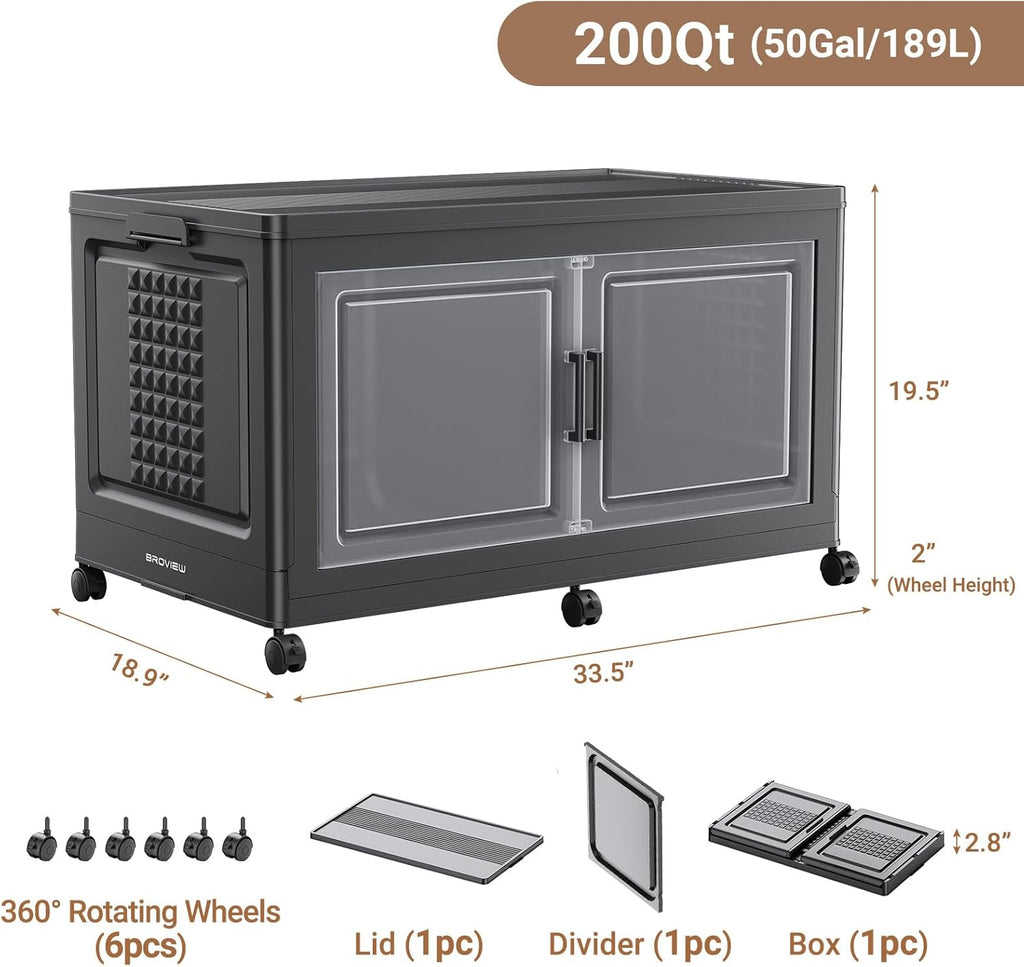 19.5" H 50Gal Plastic Storage Bin with Lid & Wheels,1Pack Extra Large Stackable Storage Bin with Divider,Closet Organizers and Storage Cabinet Shelves Collapsible Box for Home Kitchen,Black