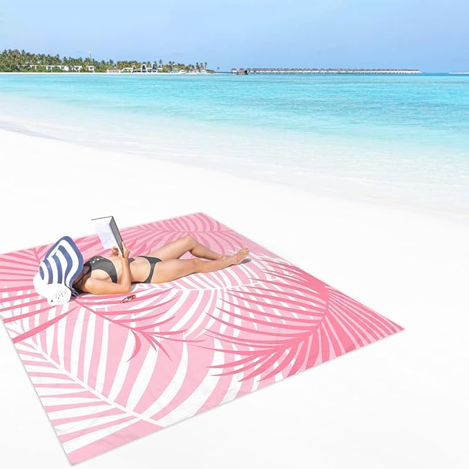 110''×118'' Pink Beach Blanket 2-8 Adults, Large Waterproof Sandproof Beach Mat w/ Stakes & Pockets, Polyester Compact Foldable Sand Free Camping Picnic Blanket for Outdoor, Grass, Park - Palm Leaves
