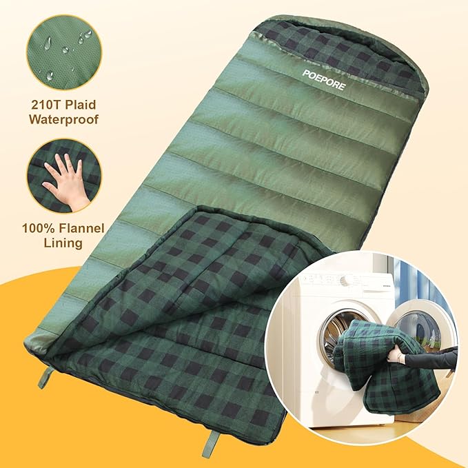 Flannel Sleeping Bag 0 Degree Cold Weather for Adults XXL Sleeping Bag 4 Season Big and Tall with Compression Sack