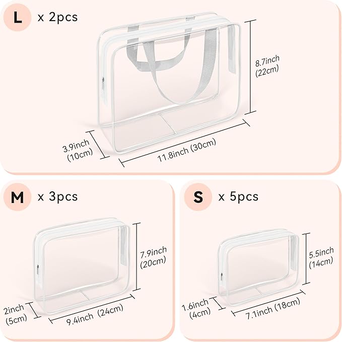 TISRATOK 10 PCS Clear Travel Makeup Toiletry Bag, Plastic PVC Cosmetic TSA Approved Organizer Kit with Zipper Handbag（White）