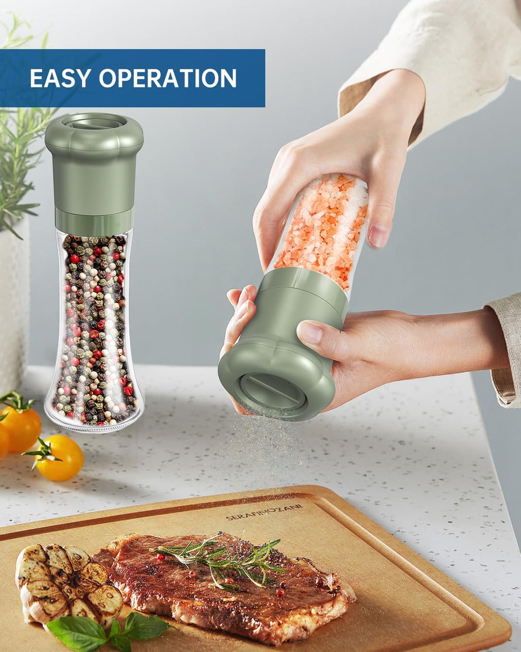 CIRCLE JOY Manual Salt and Pepper Grinder Set For Professional Chef, Refillable Salt and Pepper Shakers with Ceramic Blades, Adjustable Coarseness and BPA-free 180ml Glass Container, Tall Green