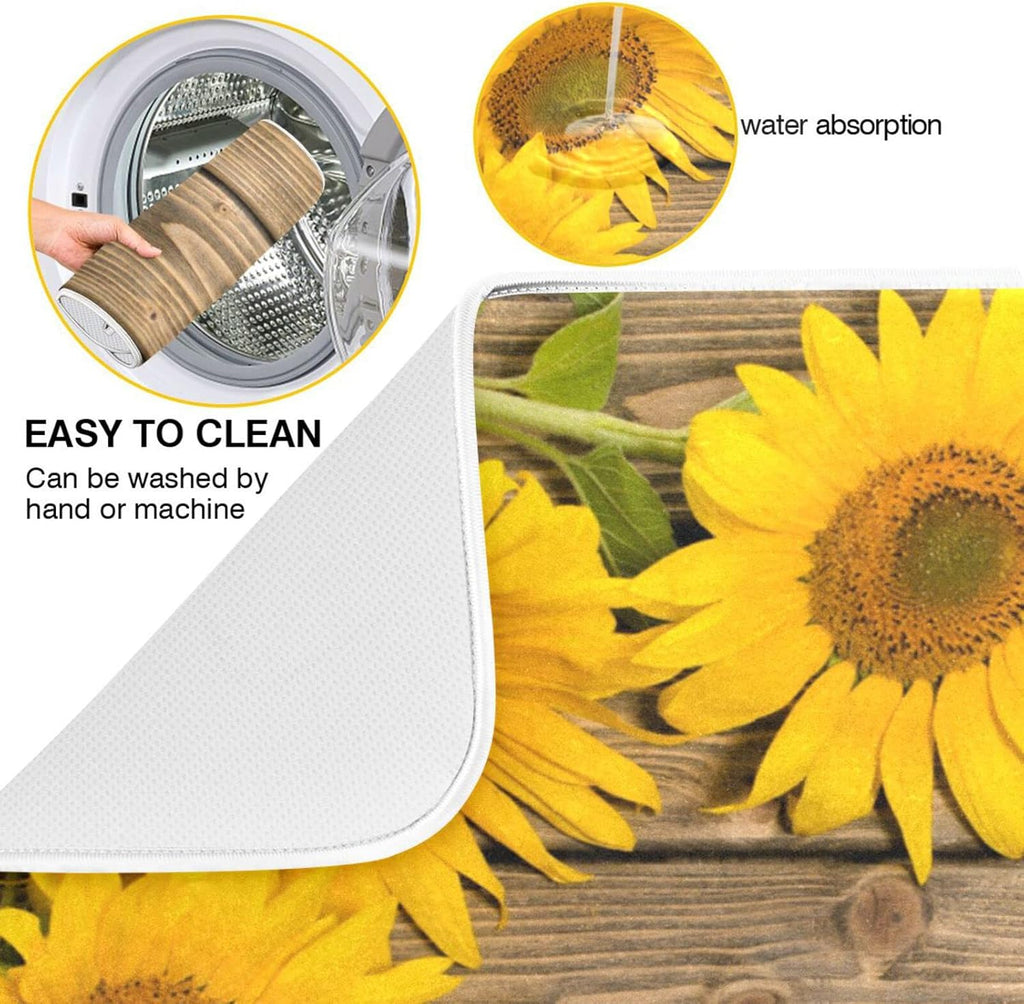 Super Absorbent Dish Drying Mat, Microfiber Fast-Drying Dish Mat, 16" x 18", Kitchen Dish Drying Pad, Sunflowers On The Wooden