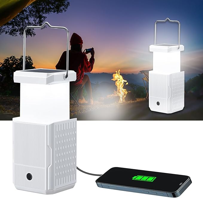 2 Pack Camping Lantern Rechargeable, Hand Crank & Solar Camping Lights with USB Output, Tent Lights for Camping, Portable Camp Lamp, Camping Hurricane Home Power Failure Essentials (White, 2 Pack)
