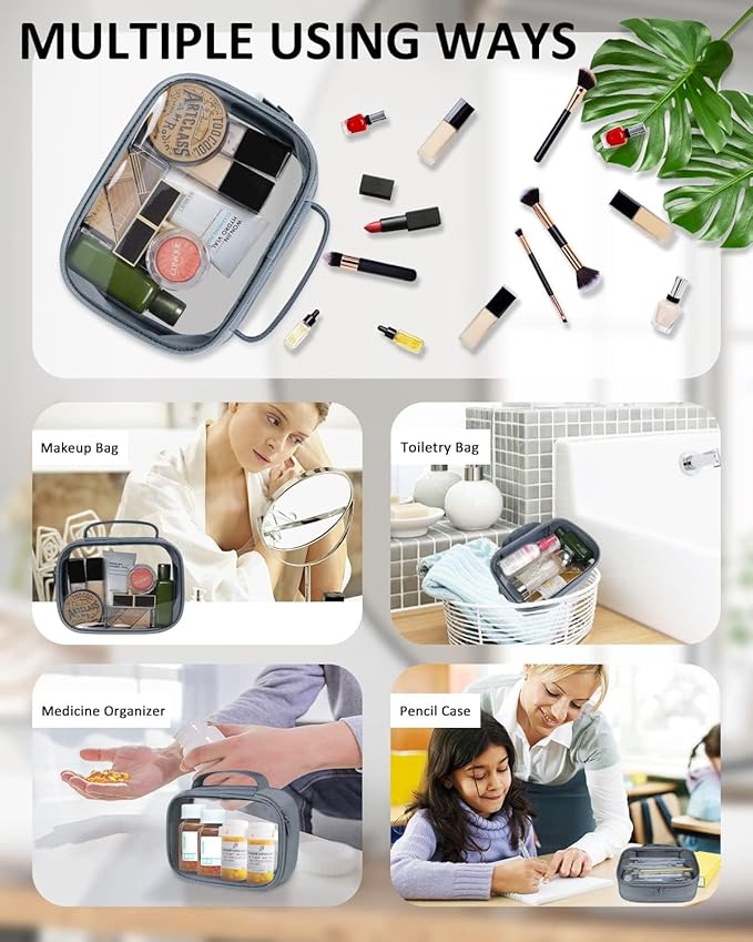 Moyad TSA Approved Clear Toiletry Bag with Handle, 1 Pack Quart Size 3-1-1 Liquids Pouch for Travel, Transparent Makeup & Cosmetic Organizer for Women Men, Grey