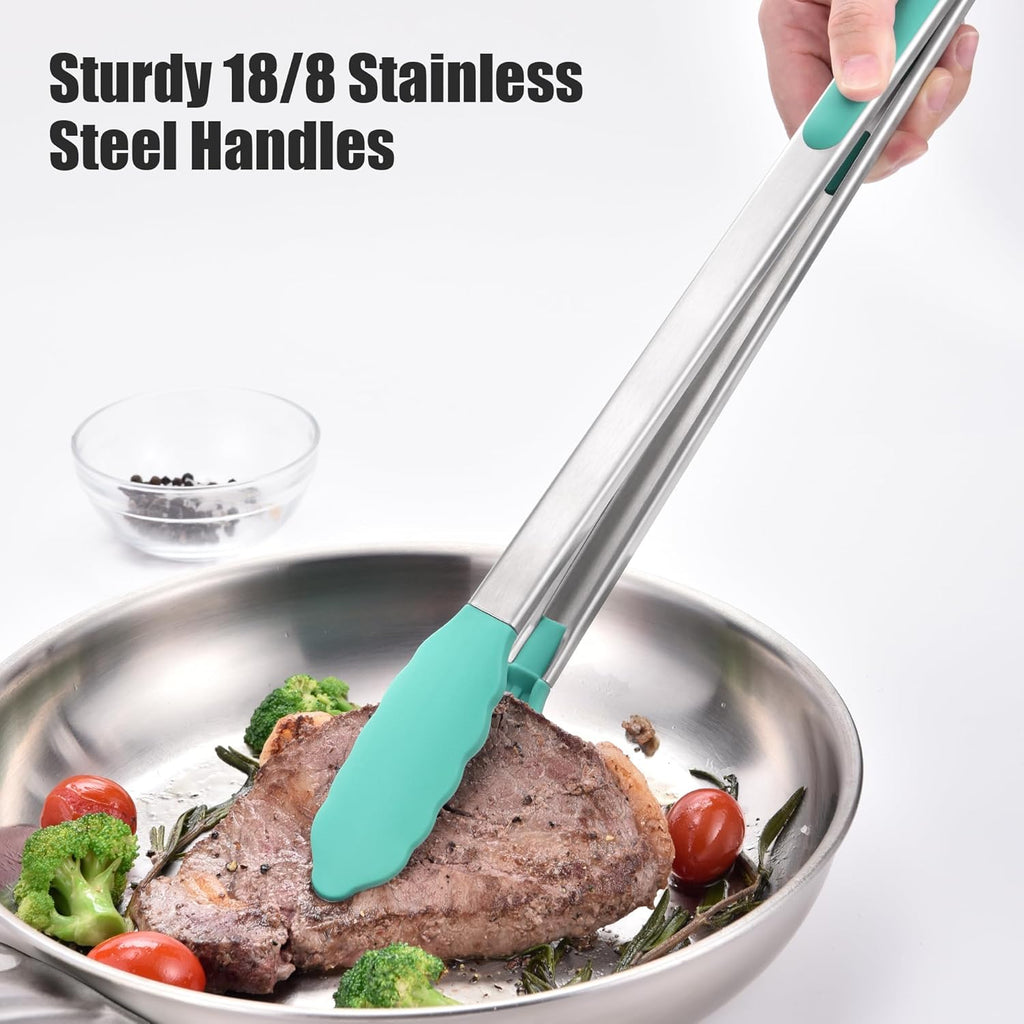 Doosu Kitchen Tongs for Cooking - 600°F Heat Resistant Food Tong with Non-Scratch Silicone Tips, Heavy Duty Stainless Steel Locking Tong for BBQ, Grilling Steak, Serving Salad, Pasta (16in, Aqua Sky)
