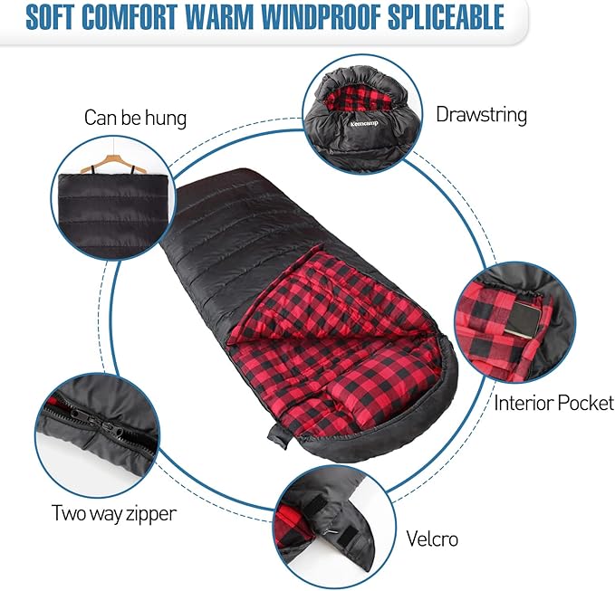 0 Degree Sleeping Bag Cotton Flannel Winter Cold Weather for Adults XXL Sleeping Bag 4 Season Big and Tall with Pillow Compression Sack