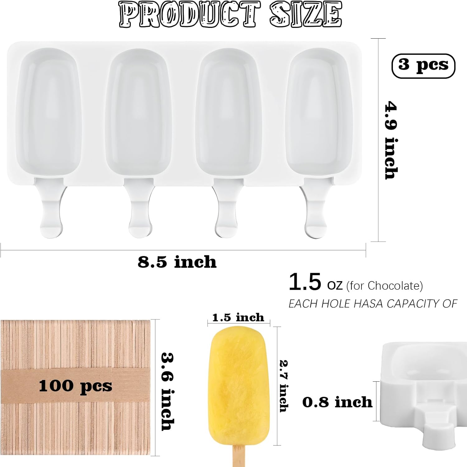 Sakolla Small Popsicle Silicone Molds, 4 Cavities Homemade Ice Cream Molds with 100 Wooden Sticks for Ice Pop, Cakesicles, Cake Pop (Set of 3, White)