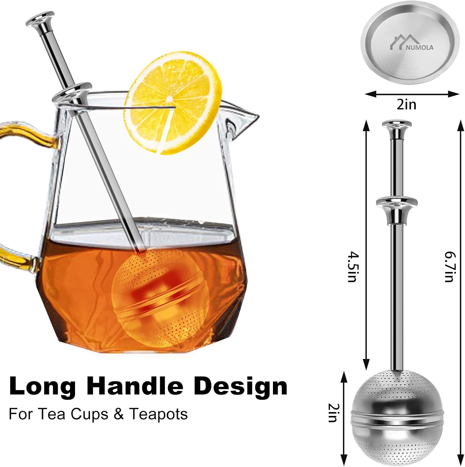 Numola Long Handle Tea Ball Stainless Steel with Drip Trays, 4Pcs Premium Tea Infuser Filter for Loose Leaf Tea, Reusable Fine Mesh Tea Interval Diffuser Strainer for Cup and Teapot