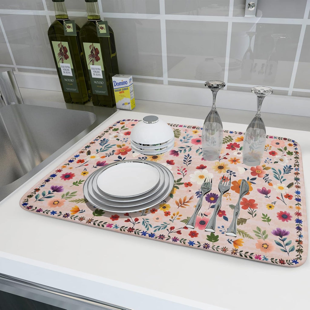 Spring Flowers Dish Drying Mat - Summer Pink Floral Washable Decorative Drying Pad for Women Home Kitchen Decor