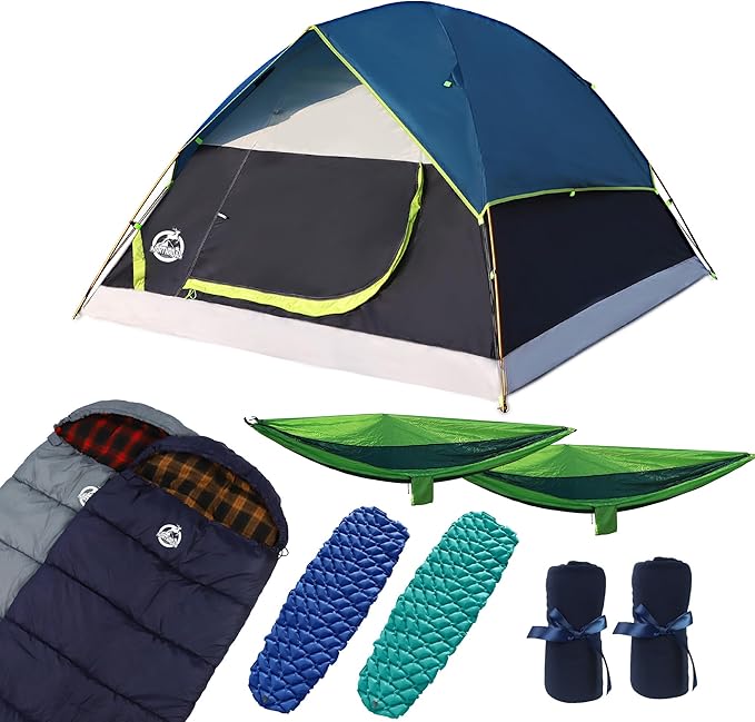 9-Piece Camping Tent Kit - 1 Dome Tent (2 or 3 Person), 2 Sleeping Bags, 2 Air Mattresses, 2 Single Camping Hammocks, 2 Blankets