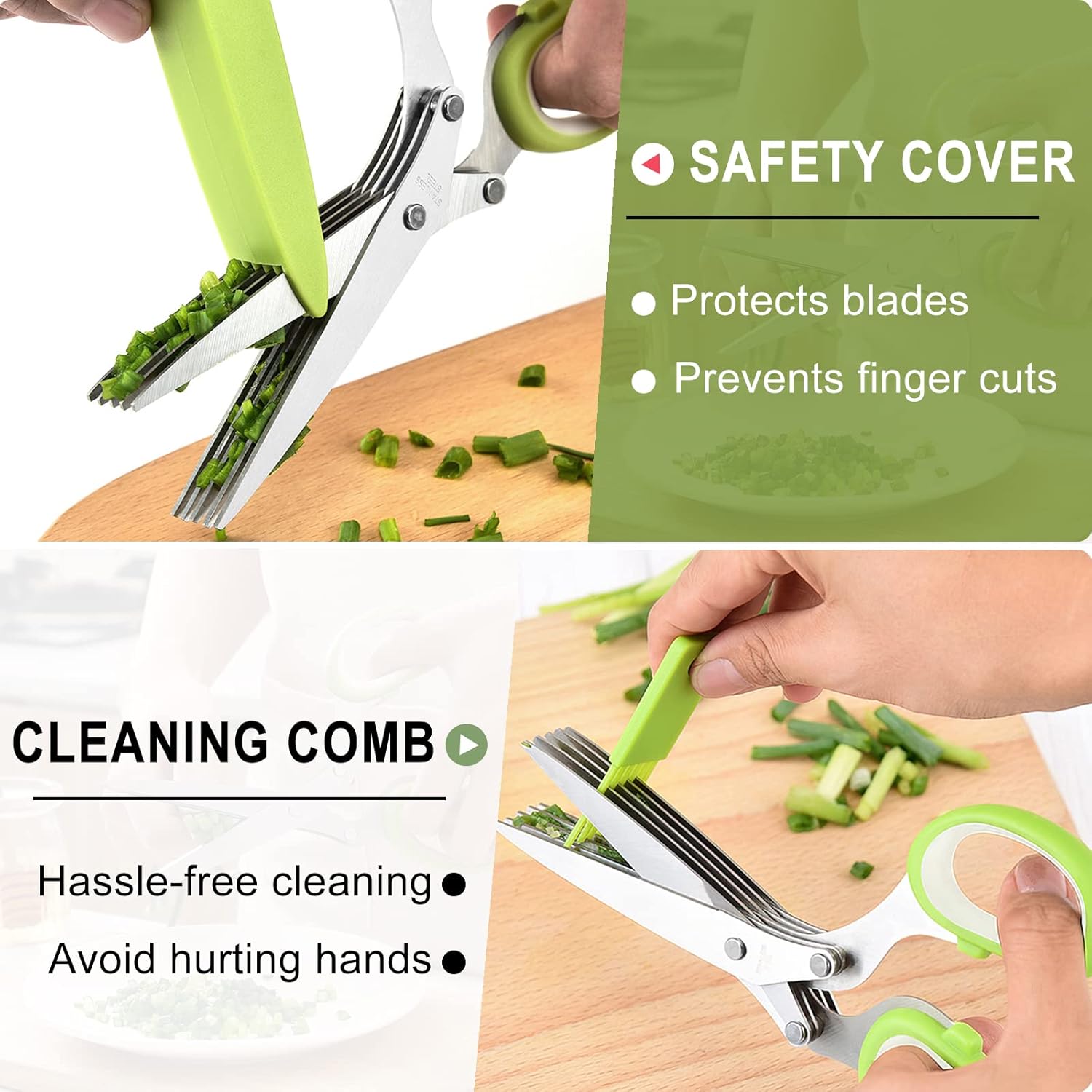 Herb scissors, Multipurpose Cutting Shears with 5 Blade Kitchen Salad Scissors, Safety Cover and Cleaning Comb for Chopping Cilantro Onion Basil Chive Parsley, Green