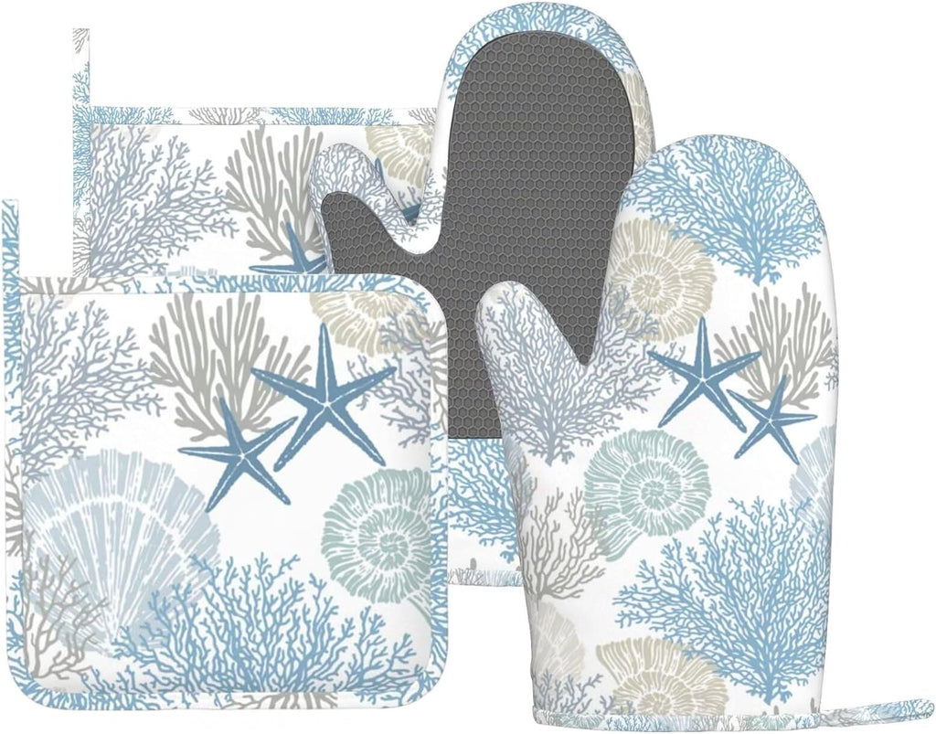 Nautical Coastal Oven Mitts and Pot Holders Sets Silicone Starfish Seashell Coral Beach Themed Kitchen Mitts Potholders Heat Resistant 4Pcs Ocean Oven Gloves Hot Pads for BBQ Grilling,Blue