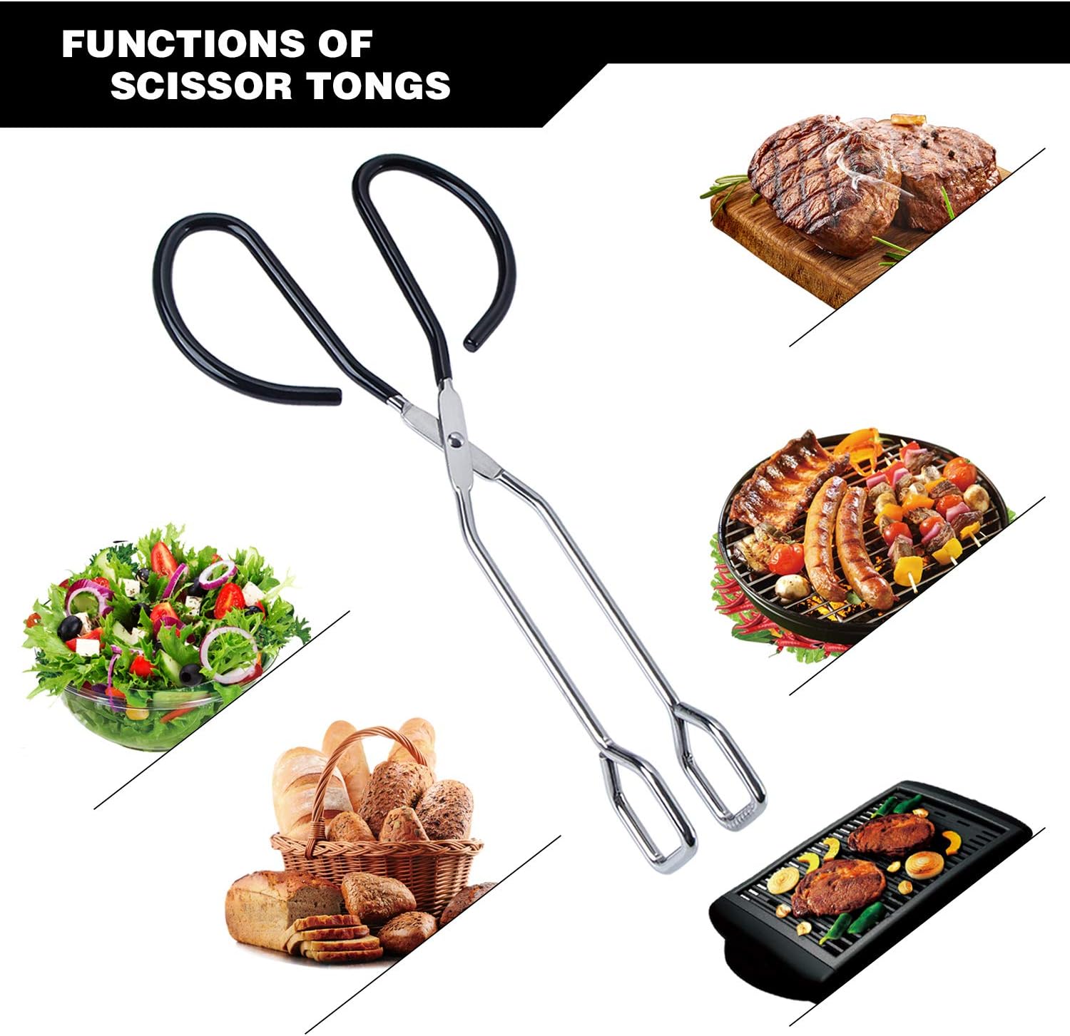 MSY BIGSUNNY Stainless Steel Scissor Tongs Heavy Duty Cooking Tongs with Soft Handles (1, black 10")