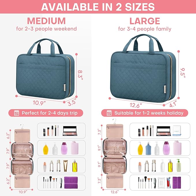 Travel Size Toiletry Bag for Women, Portable Cosmetic Bag with Hanging Hook, Travel Essentials Water-resistant Makeup Organizer for Accessories, Shampoo, Full-size Container, Toiletries