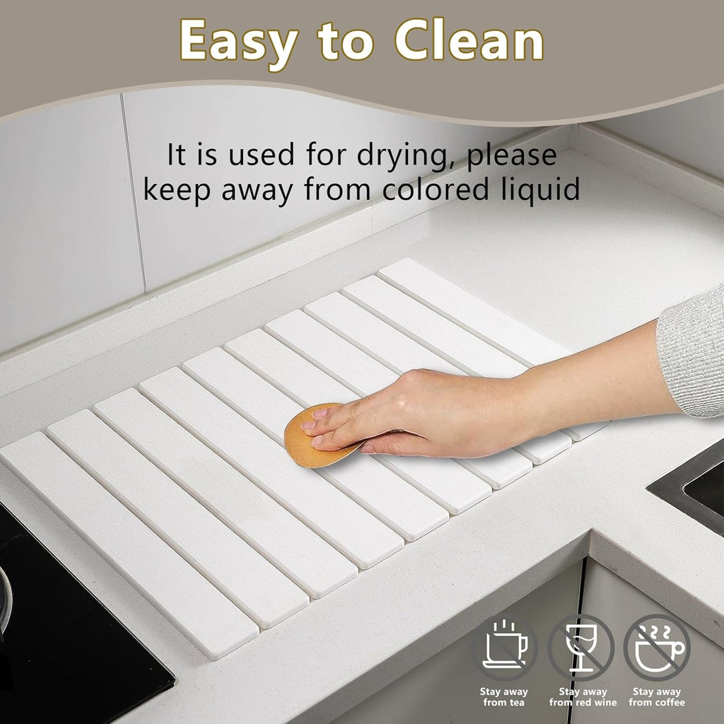 Large Stone Drying Mat for Kitchen Counter, 24''L x 16''W Diatomaceous Earth Collapsible Dish Drying Mat, Quick Drying Mat for Dishes, Bottles and Cups, Matches Any Countertop (White)