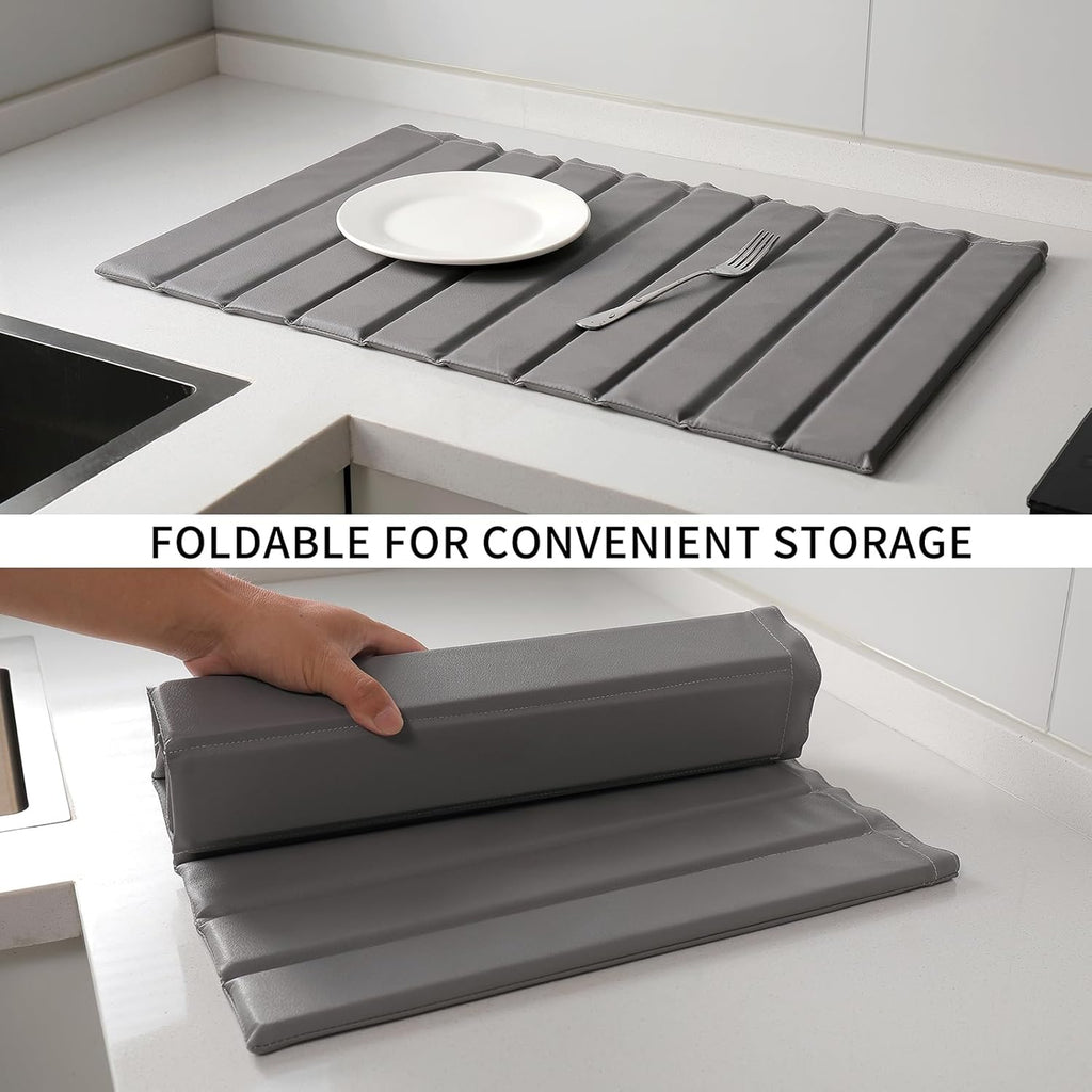 Stone Dish Drying Mat with PU Leather Surface for Kitchen Counter, Water-Absorbent Collapsible Roll up, Quick Dry, Non-Slip for Cups Dishes Bottles,Removable and washable(Medium Gray, 23.6”x15.4”)