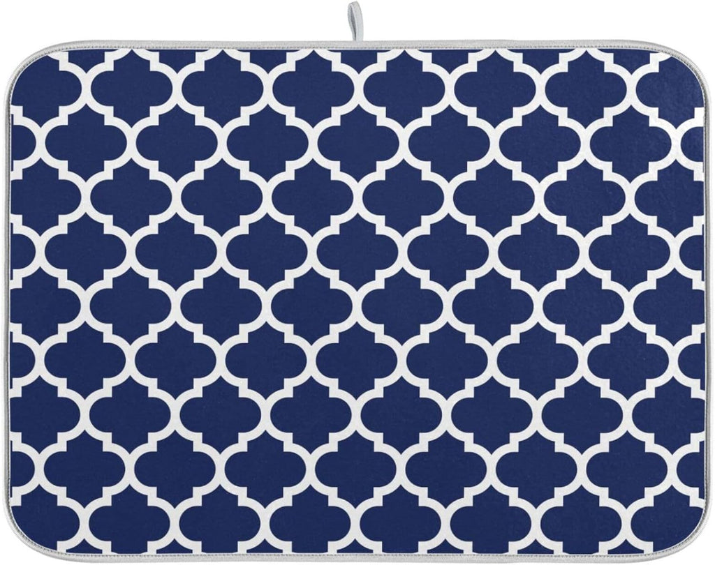 Navy Blue Trellis Lattice Dish Drying Mat for Kitchen Counter Absorbent Microfiber Drying Pad, Large 18x24 in, Reversible Drainer Mats