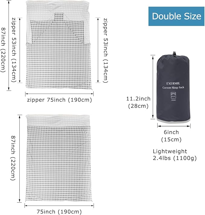 100% Cotton Sleeping Bag Liner with Full Length Zipper on 3 Sides; Single/Double Adult Sleep Sack for Travel & Camping, Multifunctional Travel Sheets (Unzipped 87”x87”) for Hotel, Lightweight