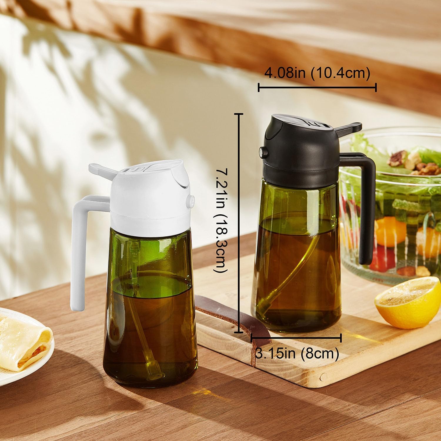 TrendPlain - 16oz Olive Oil Dispenser for Kitchen - 2 in 1 Olive Oil Dispenser and Oil Sprayer - Olive Oil Dispenser Bottle w/Stickers - Olive Oil Sprayer for Cooking 2Pcs White&Green (Light Blockage)
