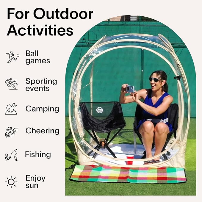 EighteenTek Pod All Weather Sports Tent with Sealed Floor - Instant Tent Shelter - Outdoor Bubble Tent - Rain Tent Camping Sun Shelter Pop Up Clear, Patent Pending for Sports Events Fishing Cheering