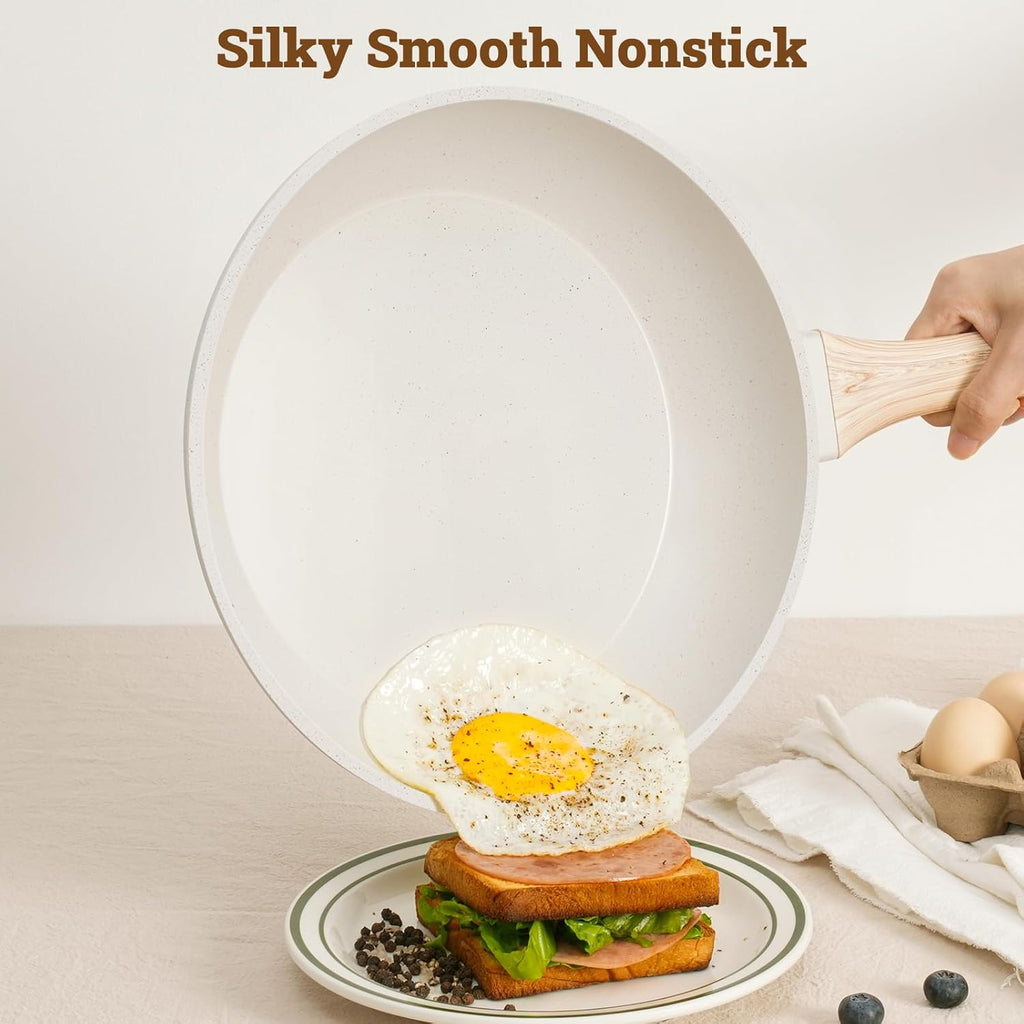 17 Pcs Pots and Pans Set Non stick，Cookware Sets White Granite Induction Cookware, Non-toxic Healthy Non Stick Kitchen Cooking Set with Frying Pans Set, Saucepans (PFAS, PFOA, PFOS Free) White