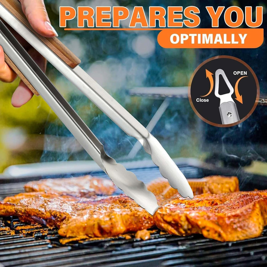 TIVOLI 4PCS Grilling Accessories, Heavy Duty BBQ Tool Set with Stainless Steel Spatula, Tongs, Fork, Cleaning Brush, Wood Handles Barbecue Utensils Kit for Outdoor, Perfect Grill Gifts for Dad Men