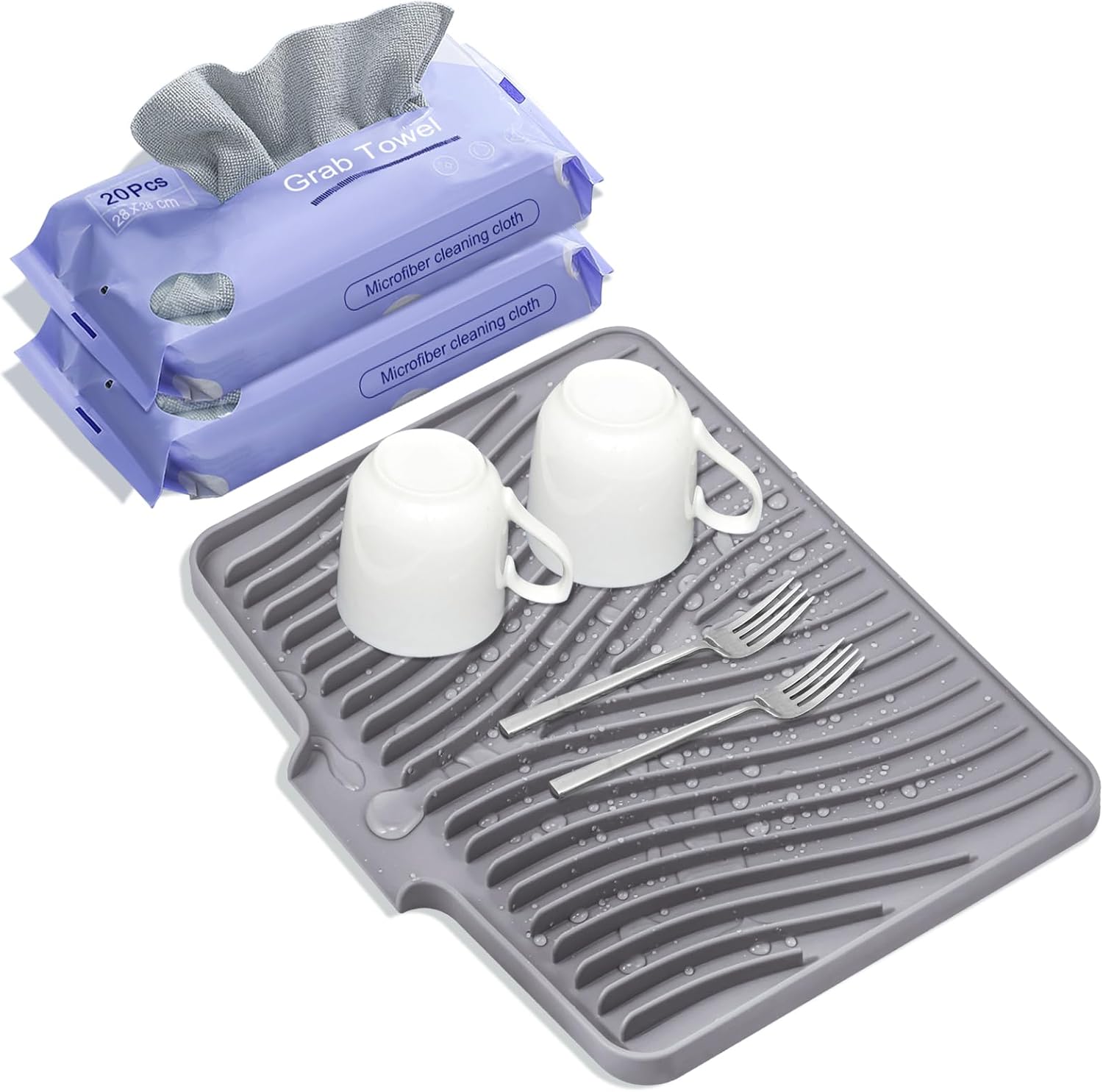 Silicone Dish Drying Mat, Stone Drying Mat for Kitchen Counter with Built-in Drain, Non-Slip 15.8" X 13" Drying Matt Kitchen Counter and Grey Microfiber Cleaning Cloth, Cleaning Rags Set(Grey)