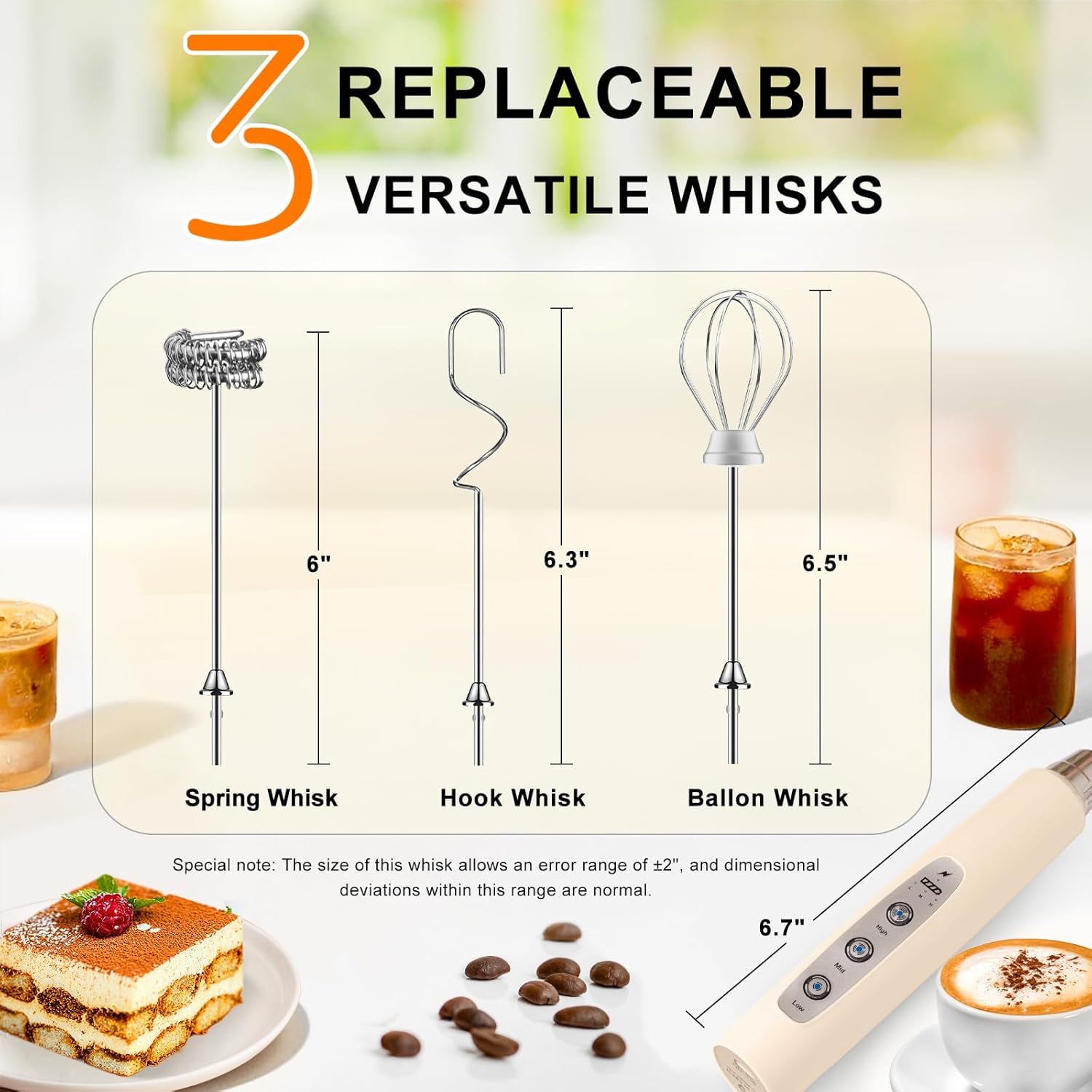 YUSWKO Beige Handheld Milk Frother Wand for Coffee, Rechargeable Electric Whisk with 3 Heads 3 Speeds Drink Mixer Coffee Frother For Latte, Cappuccino, Hot Chocolate, Egg