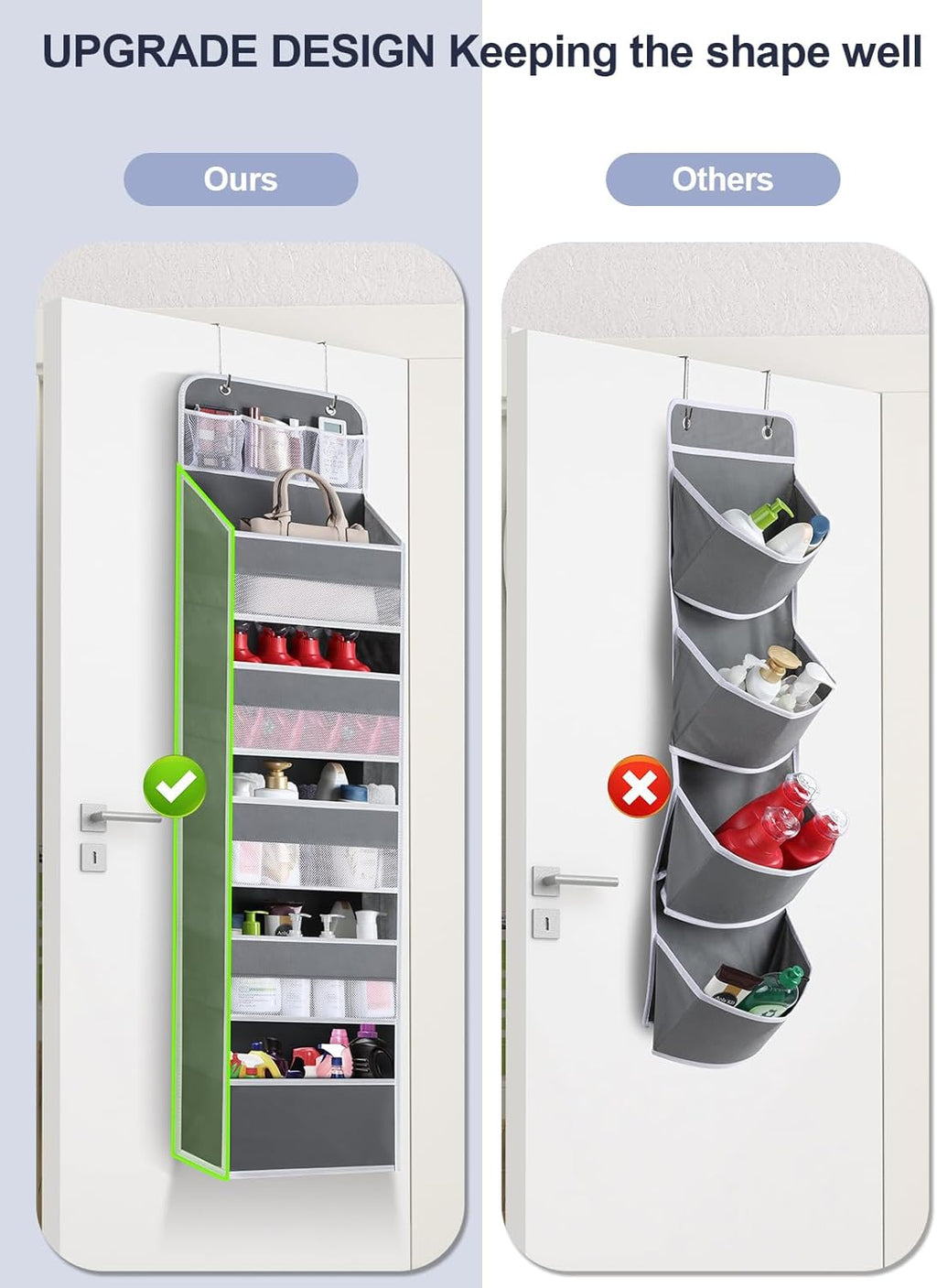 Over the Door Organizers - 6 Shelf Hanging Door Organizer with Large Pockets, Anti Tilt 44 lb Load Behind Door Organizer for Bedroom,Nursery,Bathroom,Kitchen,Dorm,Shoe - 1 Pack,Grey