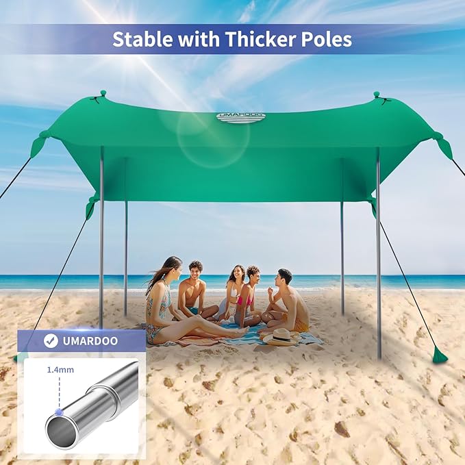 UMARDOO Family Beach Tent Canopy Sun Shade Portable, Large Compact Beach Sun Shelter Easy Setup with Packable Bag for Outdoor Travel (Green, 10X10 FT. 4Poles)