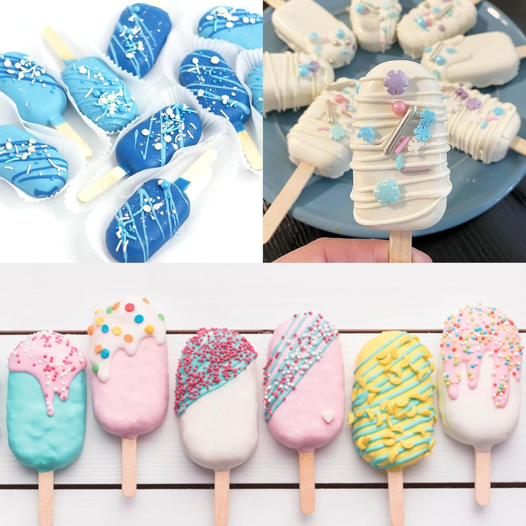 Ouddy Life Popsicle Molds Set of 2, Ice Pop Molds Silicone 4 Cavities Ice Cream Mold Oval Cake Pop Mold with 50 Wooden Sticks for DIY Popsicle, White