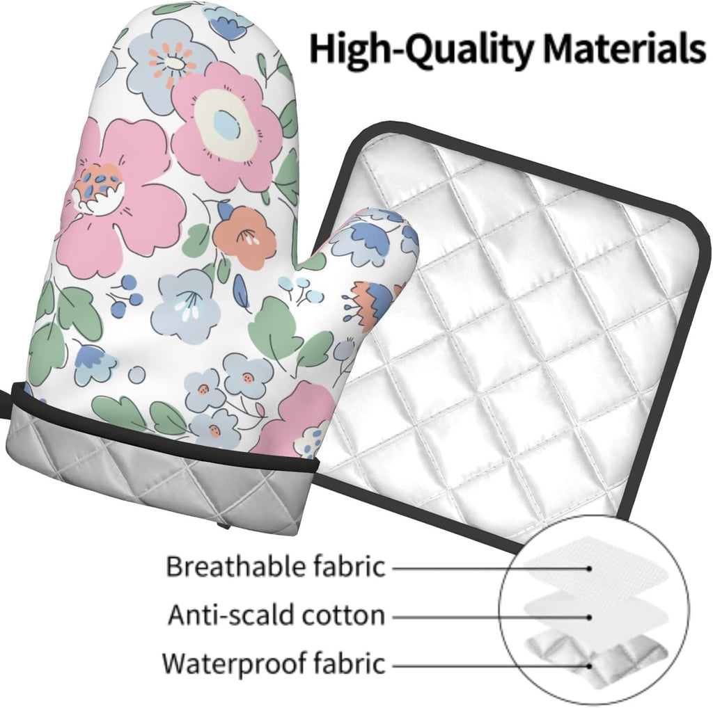 Pink Floral Oven Mitts and Pot Holder Set of 2 Watercolor Flower Heat Resistant BBQ Gloves Hot Pads for Kitchen Baking Cooking Microwave