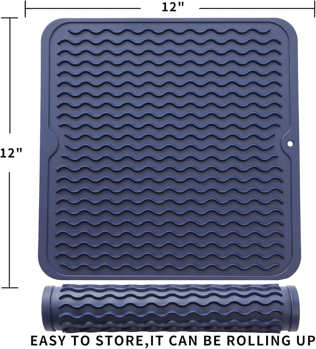 Silicone Dish Drying Mat for Multiple Usage,Easy clean,Eco-friendly,Heat-resistant Silicone Mat for Kitchen Counter or Sink,Refrigerator or Drawer liner Navy Blue M 12 inches x 12 inches