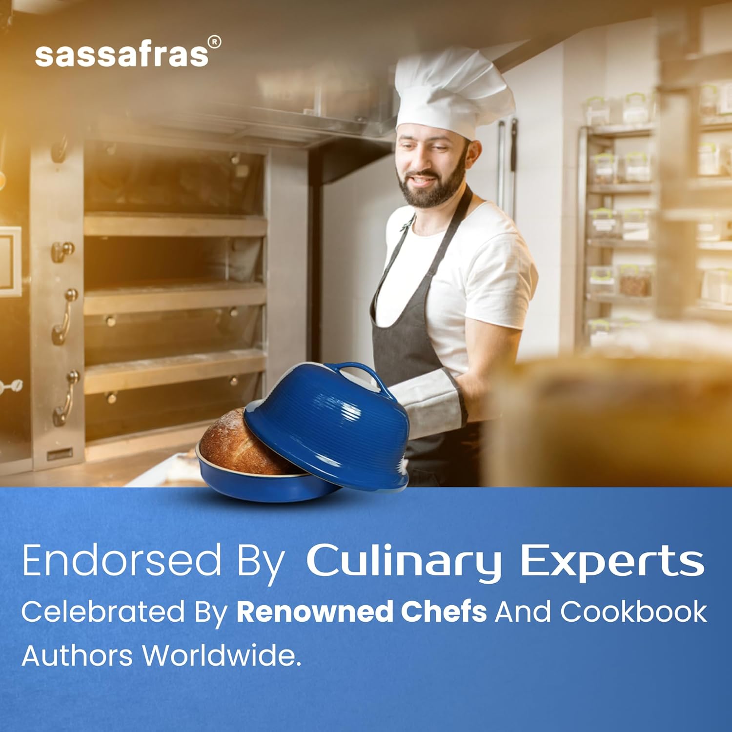Sassafras Superstone® Stoneware La Cloche® Bread Baker with Blue Glazed Exterior and Unglazed Interior Bakes an Artisan Bread with Crusty Crust and a Light Crumb