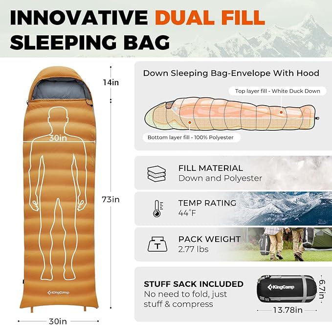 KingCamp Down Sleeping Bag for Adults, 600 FP Cold Weather 3-4 Season Sleeping Bag, Ultralight & Compact with Compression Sack for Backpacking, Camping, Hiking