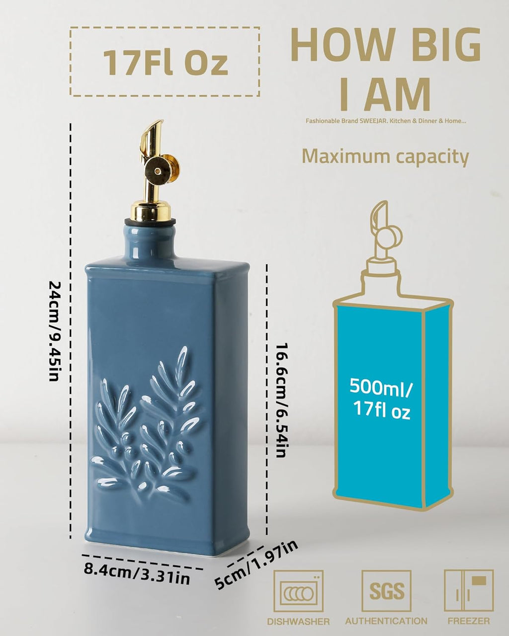 Sweejar Ceramic Olive Oil Dispenser Bottle for Kitchen, 17 Oz Relief Opaque Oil and Vinegar Dispenser Bottle with Spout, Suitable for Soy Sauce, Coffee Syrup, Liquids (Fogblue)